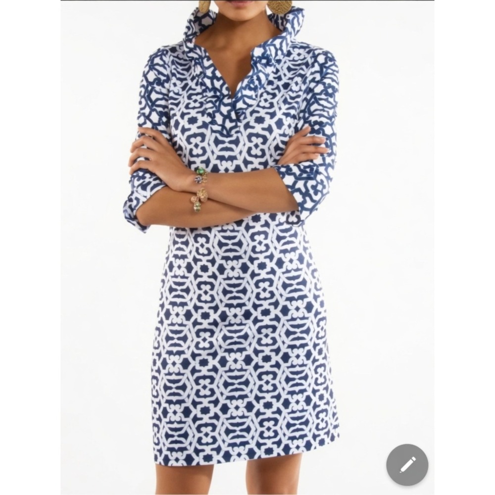 Gretchen Scott Shift Dress XS 2 Ruffleneck Rio Gio Navy Blue White Geometric